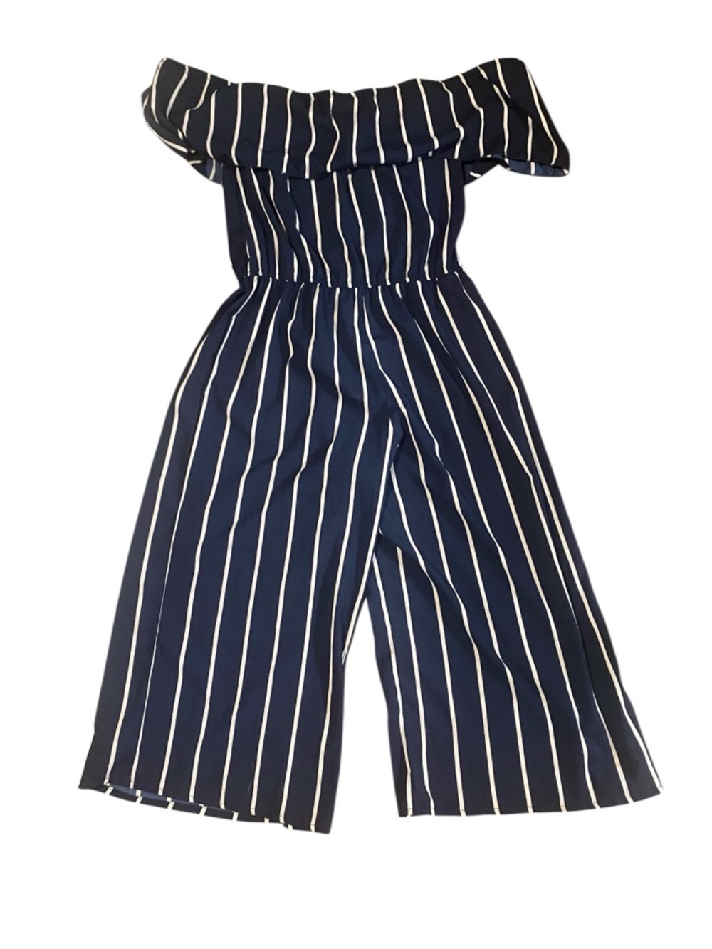 J Gee Off-Shoulder Navy & White Striped Jumpsuit
